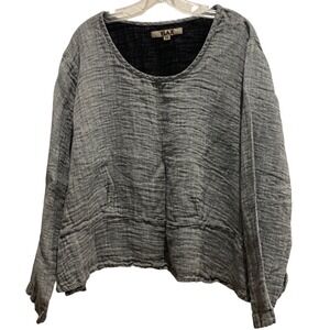 FLAX Grey Black 100% Linen Textured Lagenlook Boxy Long Sleeve Top Size 3G